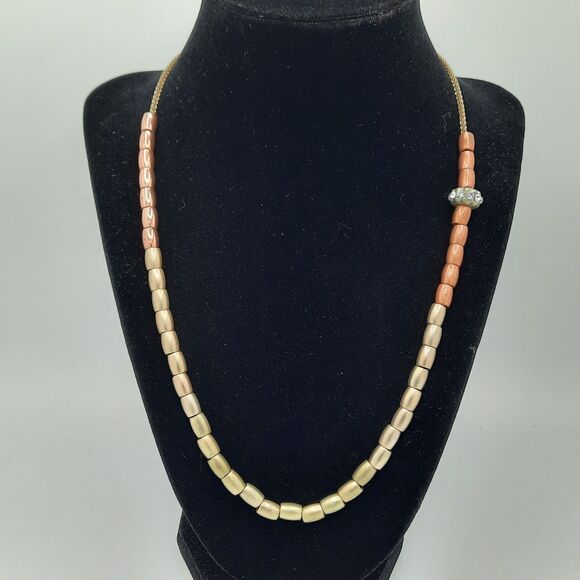 LOFT Tri Color Rose Gold Copper Bronze Barrel Beaded Necklace Rhinestone Accent - Picture 1 of 3
